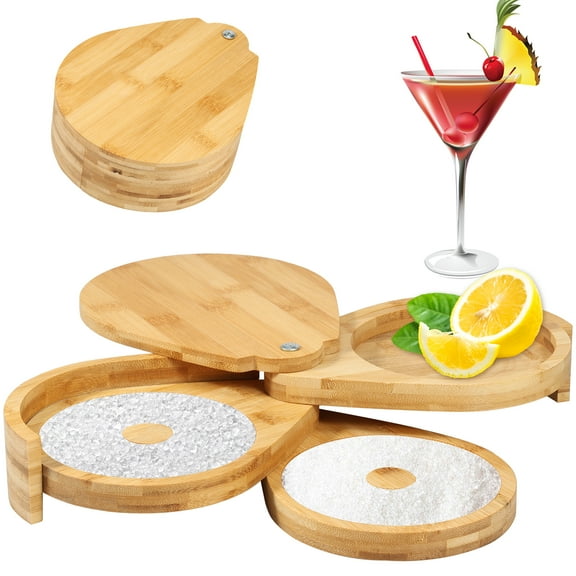 Margarita Salt Rimmer Set Bamboo, 3 Tier Bar Glass Rimmer with Lid and 6 Sponges for Cocktails Bar Salt and Sugar Margarita for bar and house party Bloody Mary Manhattan Drinks