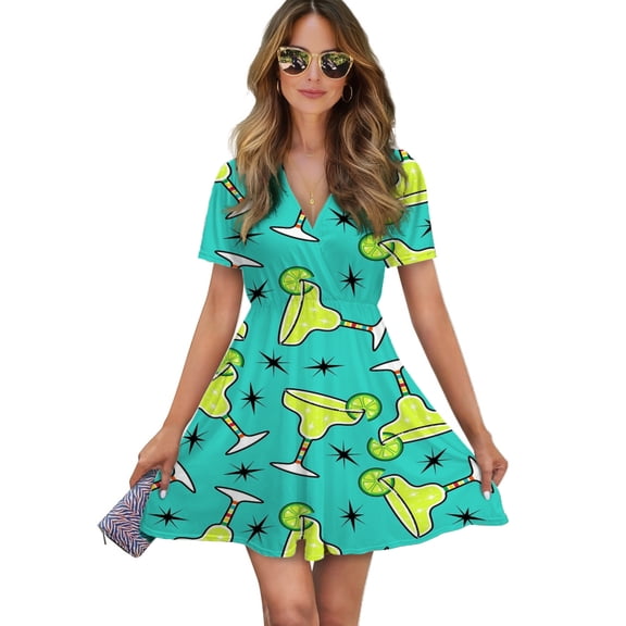 Margarita Time Women Dress V-Neck Short Sleeve Flowy Swing Party Midi Dress