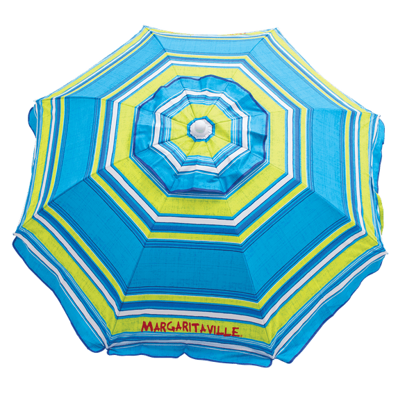Margaritaville 6 ft Tilt Beach Umbrella with Sand Anchor and Wind Vents, Blue Green Stripe
