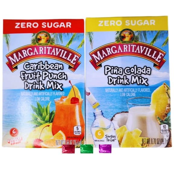 Margaritaville Caribbean Fruit Punch & Pia Colada Drink Mix Singles, 12 Total Servings 2 Boxes, Low Calorie Sugar Free Summer Beverage with Snoep in Beperkte Oplage