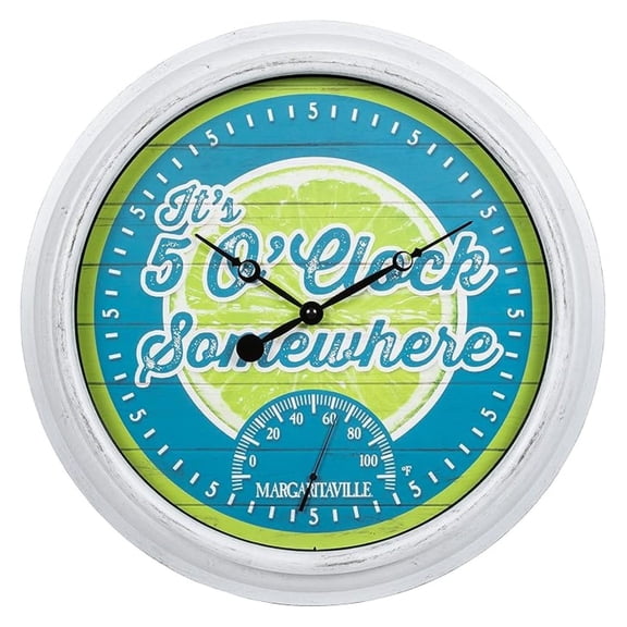 Margaritaville Clock 15.75 Inch - Indoor Outdoor Wall Clock with Thermometer - It's 5 O'Clock Somewhere - Beachy Coastal Decor - Weather Resistant