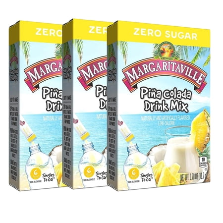 Margaritaville Singles To Go Water Drink Mix Pina Colada Flavored Non-Alcoholic Powder Sticks Sugar-Free Low-Calorie Water Enhancer for Home Travel Picnic Outdoor Beverages 3 Boxes 18 Total Servings