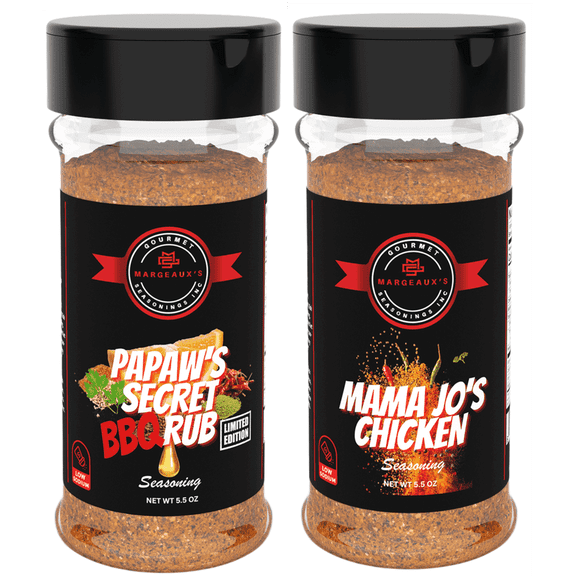 Margeaux's Gourmet Seasonings "Pit Master Jo" Kit- PaPaw's Secret BBQ Rub + Mama Jo's Chicken Seasoning, Low Sodium, 2 Pack, 5.5 oz Bottles