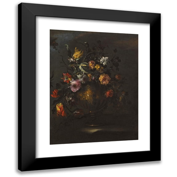 Margherita Caffi 15x18 Black Modern Framed Museum Art Print Titled - A Still Life of Roses, Tulips and Other Flowers in a Bronze Vase on a Stone Ledge