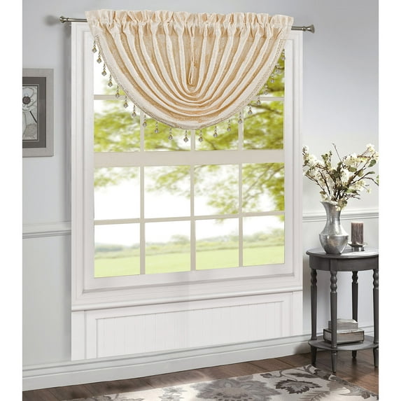 Margie Jacquard Rod Pocket Waterfall Window Valance with Beads, Beige, 48x37 Inches
