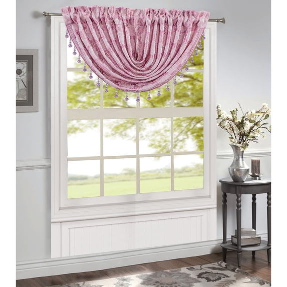 Margie Jacquard Rod Pocket Waterfall Window Valance with Beads, Rose, 48x37 Inches