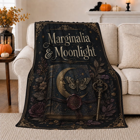 Marginalia Moonlight Dark Fantasy, Mystical Celestial Art Scene, Warm Flannel Blanket for Sunroom and Reading Nook, Celestial Art Lovers Housewarming Gift, Fantasy Home Decor