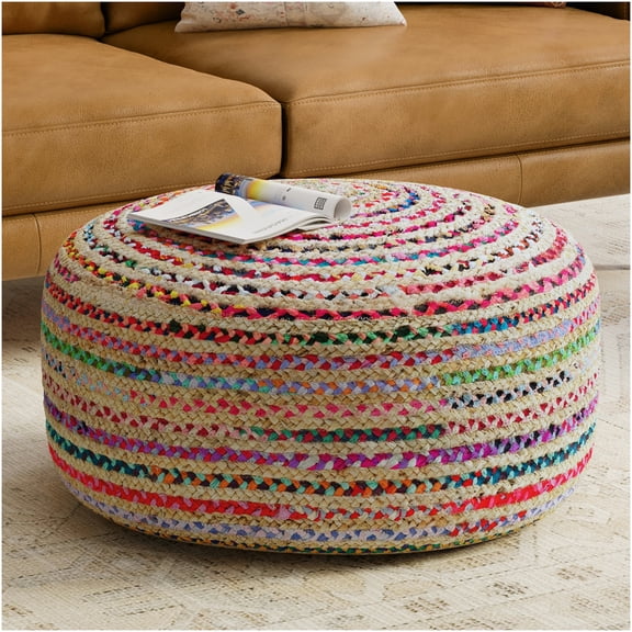 Margo Multicolor Jute Woven Pouf Ottoman, Large Round Boho Footstool Accent Seat
