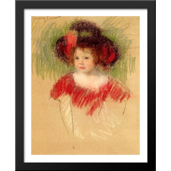 Margot In Big Bonnett And Red Dress 28x34 Large Black Wood Framed Print Art by Mary Cassatt