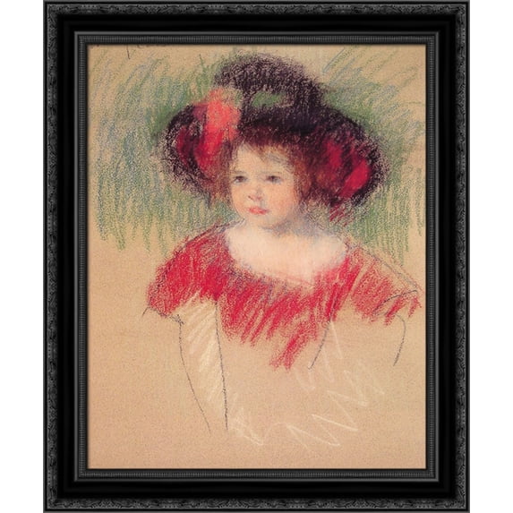 Margot in Big Bonnet and Red Dress 20x24 Black Ornate Wood Framed Canvas Art by Cassatt, Mary,