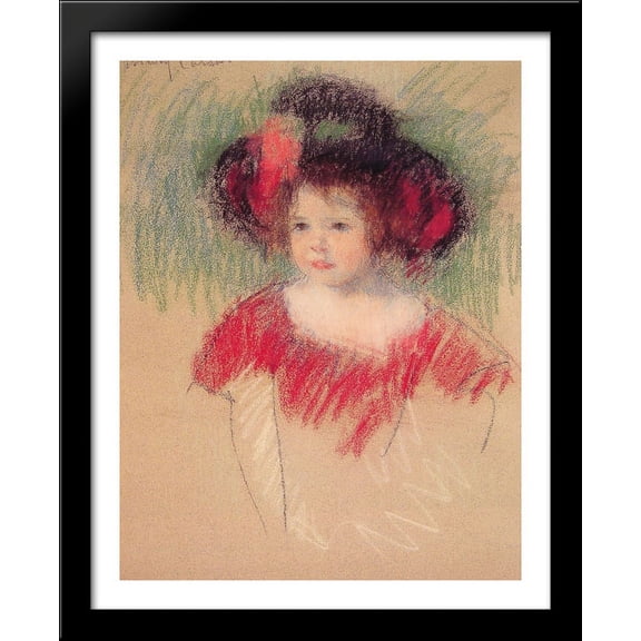 Margot in Big Bonnet and Red Dress 28x34 Large Black Wood Framed Print Art by Mary Cassatt