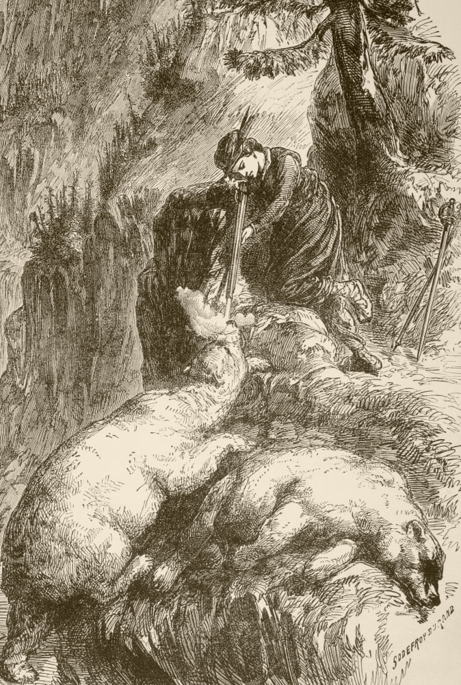 Marguerite De Roberval Shoots Two Bears On The Isle Of Demons Off Newfoundland From A 19Th Century Illustration Canvas Art - Ken Welsh Design Pics (24 x 34)