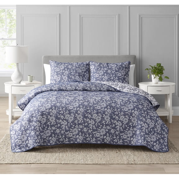 Marguerite Floral Navy 2-Piece Soft Matelasse Jacquard Cotton Blend Quilt Set - Twin
