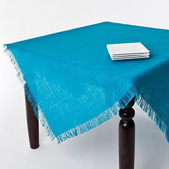Mari Sati Fringed Burlap Jute Tablecloth, 60"x60" Square (Turquoise)
