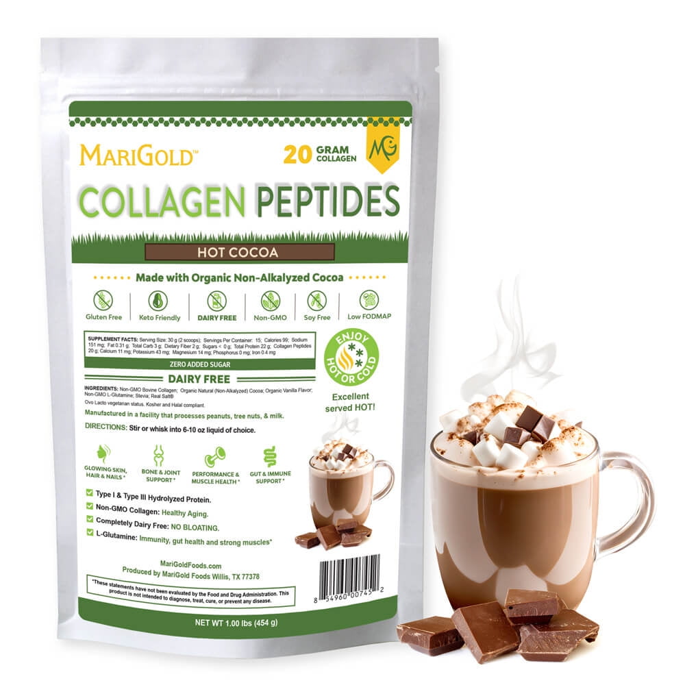 MariGold Collagen Peptides - Hot Cocoa 1LB - Pure Type I & III Bovine Hydrolyzed Collagen, Non-GMO, Dairy Free