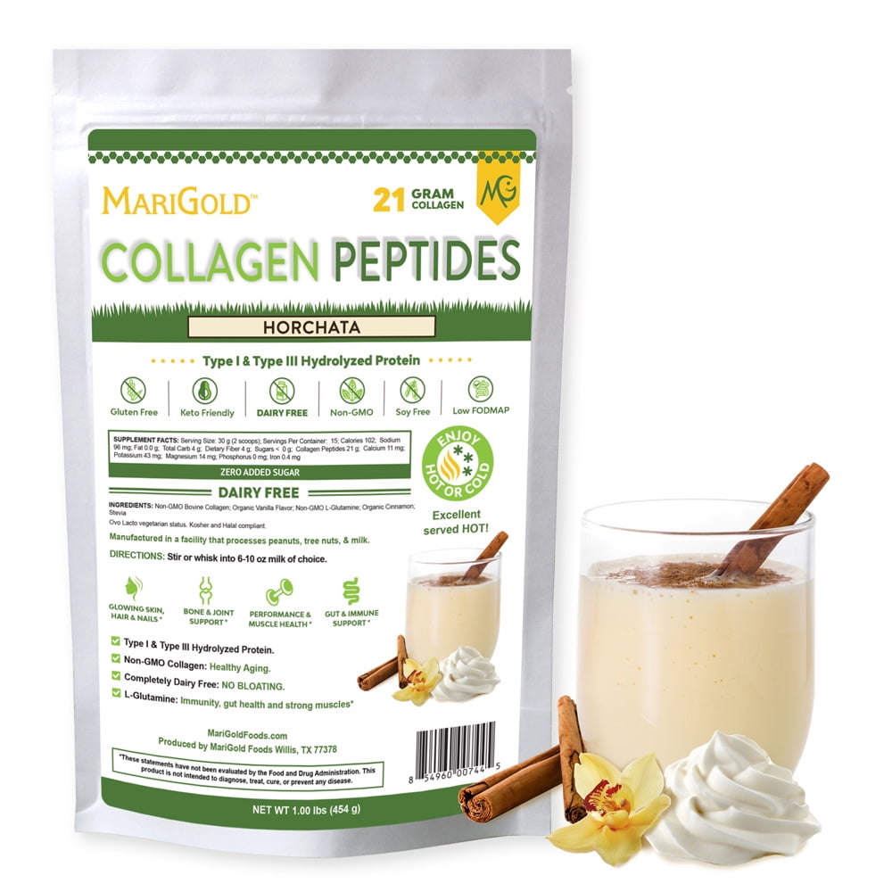 MariGold Collagen Peptides Powder - Horchata 1LB, Type I & III, Non-GMO, rBST Free