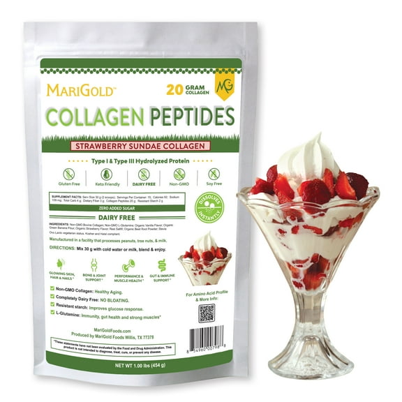 MariGold Collagen Peptides Powder - Strawberry Sundae 1LB, Type I & III, Dairy-Free, Non-GMO