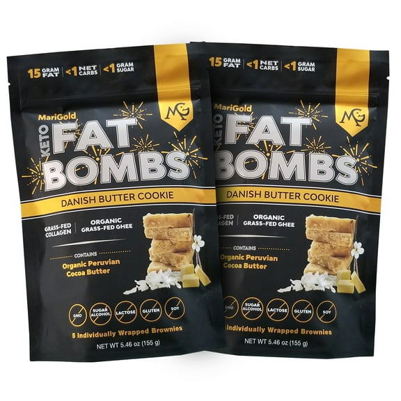 MariGold Keto Fat Bombs - Danish Butter Cookie - Low Carb, Grass-fed Collagen, Organic Cocoa Butter, Gluten-Free, Non-GMO (2 bags, 5 Servings each)