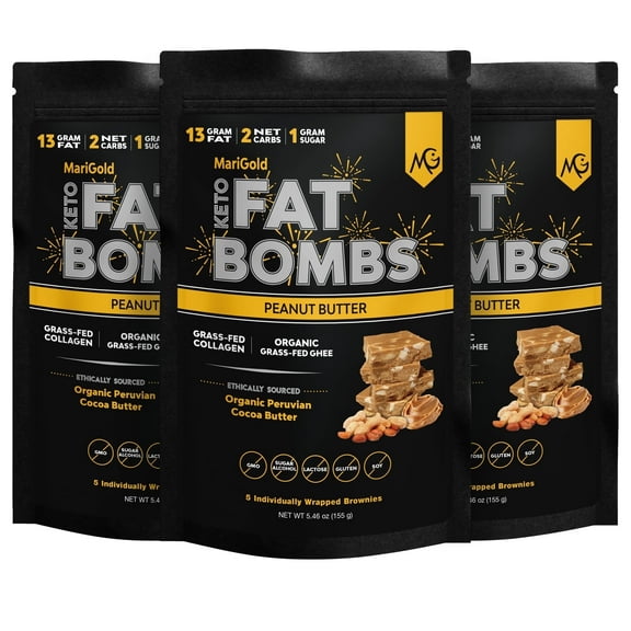 MariGold Keto Fat Bombs Snacks - 3-Pack - Peanut Butter, Grass-Fed Collagen, Gluten-Free, Non-GMO (15 Bars)