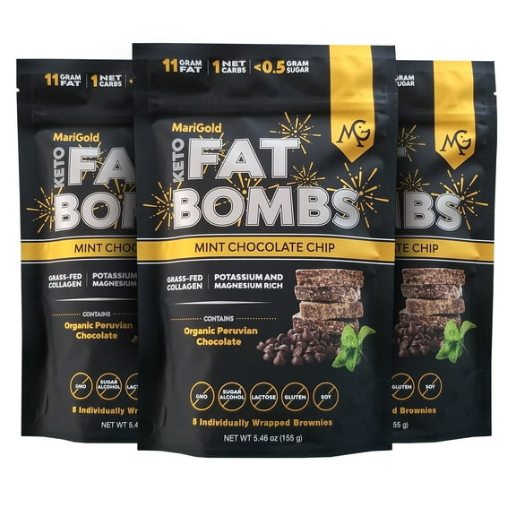 MariGold Keto Fat Bombs Snacks - Mint Chocolate Chip - Low Carb, Collagen Rich, Organic Cocoa Butter, Dark Chocolate, Organic Peppermint, Gluten-Free, Non-GMO (3 bags, 5 Servings Each)