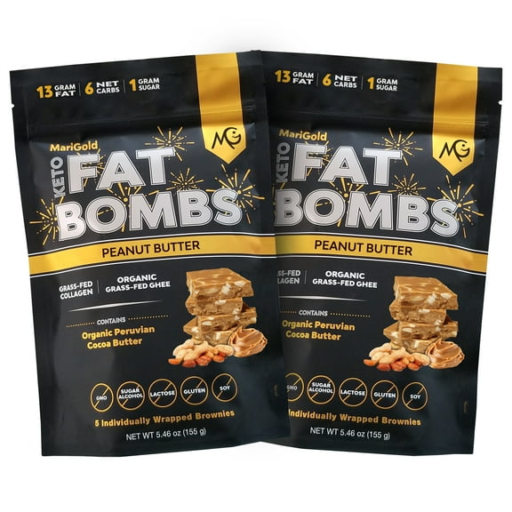 MariGold Keto Fat Bombs Snacks - Peanut Butter - Low Carb, Collagen Rich, Organic Peanut Protein, Organic Peanut Butter + Almonds Slivers, Gluten-Free, Non-GMO (2 bags, 5 Servings each)
