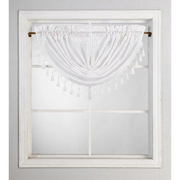 Maria 1 pc solid Valance faux silk rod pocket with tassels - 48" WideX 38" long - White