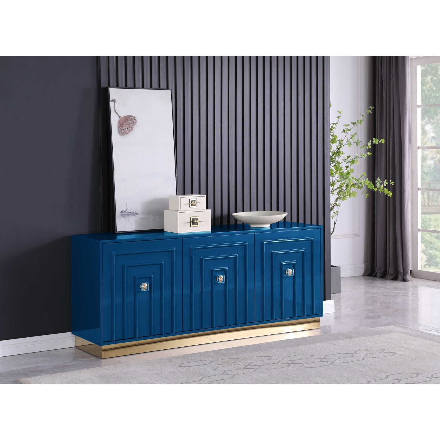 Maria 70'' High Gloss Blue Lacquer Sideboard with Gold Legs