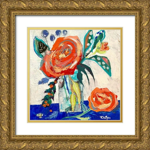 Maria, Robin 15x15 Gold Ornate Wood Framed with Double Matting Museum Art Print Titled - Rose And Berry Rendezvous