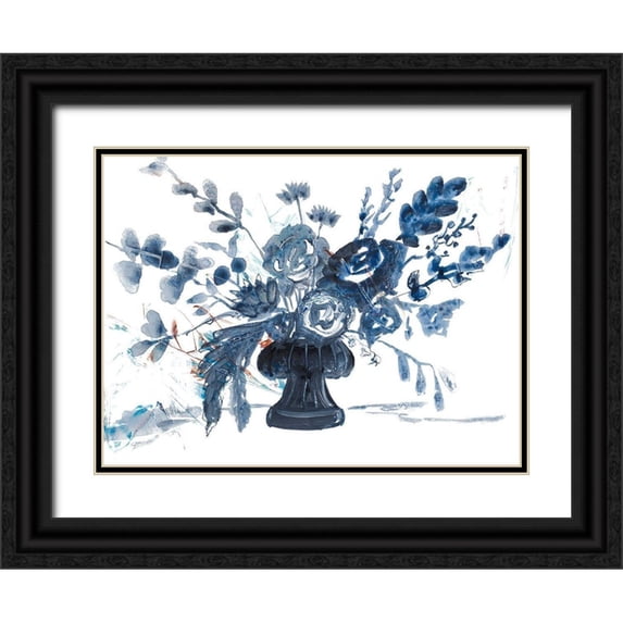 Maria, Robin 24x19 Black Ornate Wood Framed with Double Matting Museum Art Print Titled - Blue Floral in Vase
