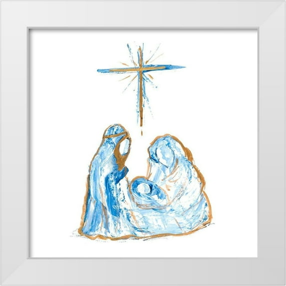 Maria, Robin 26x26 White Modern Wood Framed Museum Art Print Titled - Blue and Gold Nativity I