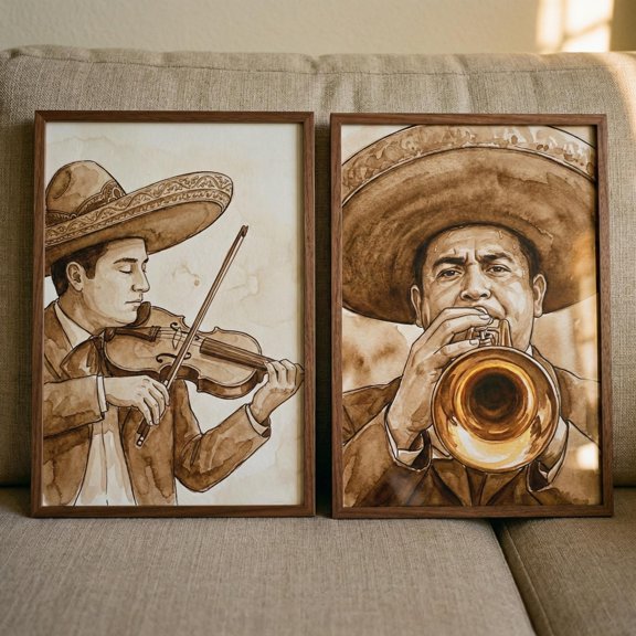 Mariachi Mexican Musician Trumpet And Violin Watercolor Sepia Tone Cultural Traditional Charro Decorative Nursery Poster, Set 2, Poster Only