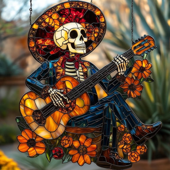 Mariachi Skeleton Acrylic Suncatcher Day Of The Dead Guitarist Faux Stained Glass Window Hanging With Marigolds, Mexican Folk Art Gift