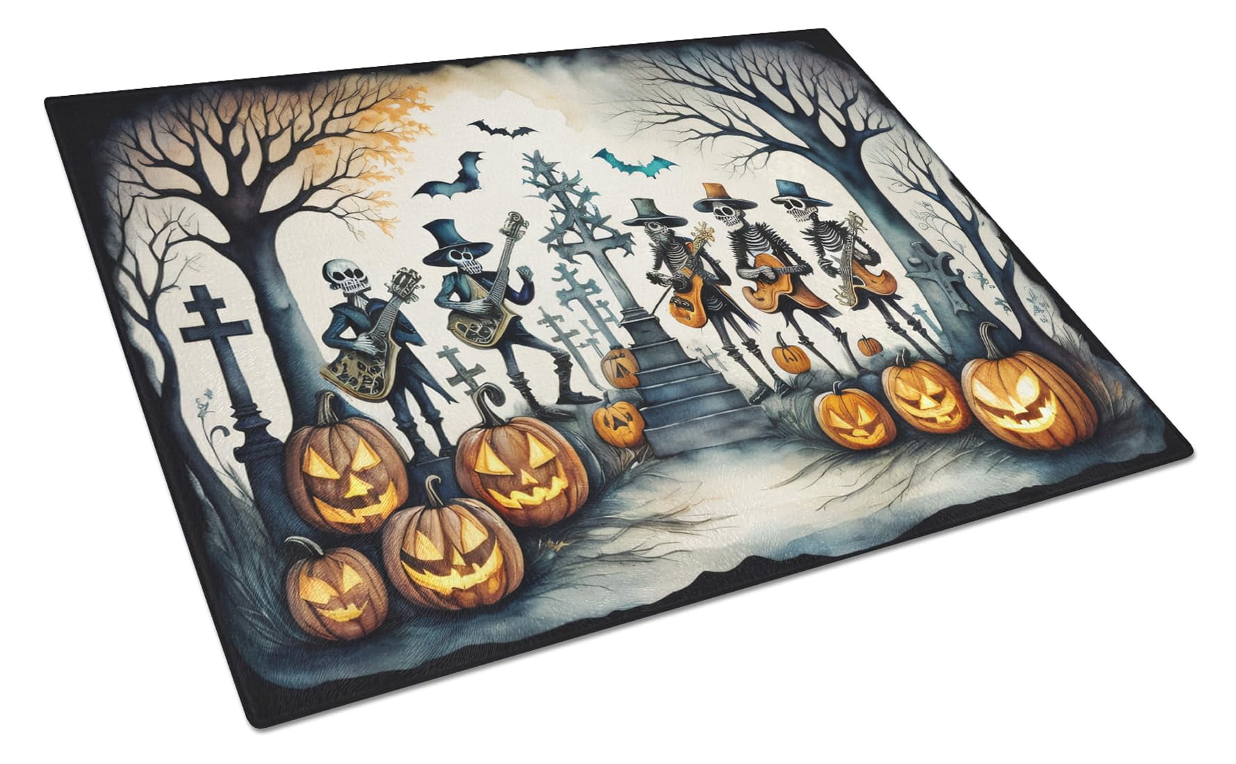 Mariachi Skeleton Band Spooky Halloween Glass Cutting Board Large 12 in x 15 in