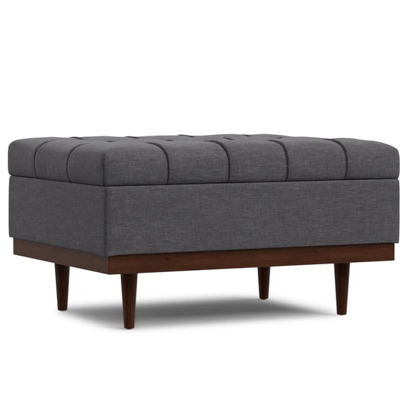 Mariah Rectangular Storage Ottoman Coffee Table - Slate Grey Linen-Look Fabric, Solid Rubberwood, Tufted Design, Walnut Legs, 26" W x 34" D x 18.5" H - Living Room Furniture Centerpiece