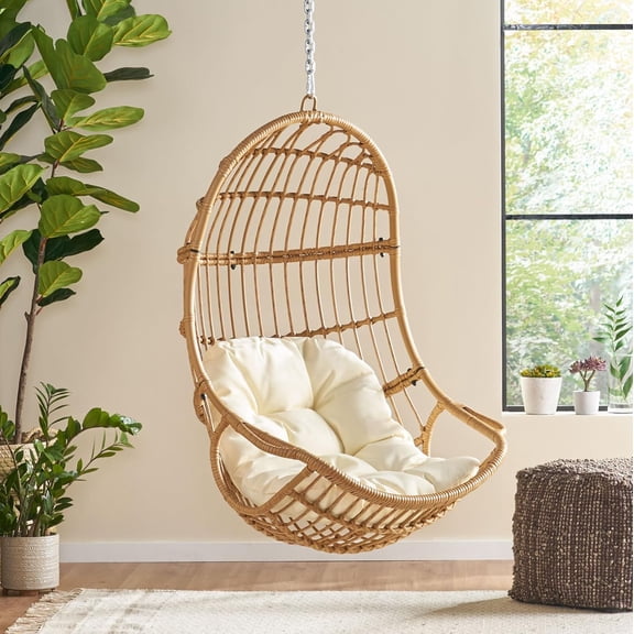 Mariah Wicker Hanging Chair with Cushion, Outdoor Indoor Basket Chair, Boho Garden Lounger Porch Swing Furniture, Modern Patio Decor, Light Brown and Beige