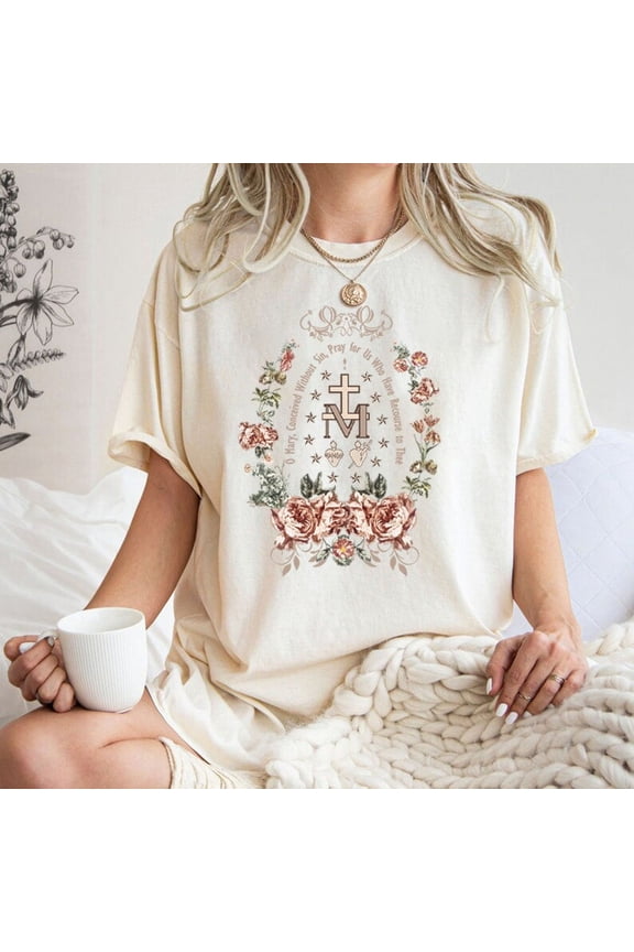 Marian Catholic T-Shirt, Virgin Mary T shirt, Catholic gifts for women, Catholic T-shirt, Marian Cross Shirt, Floral Women Religious Shirts