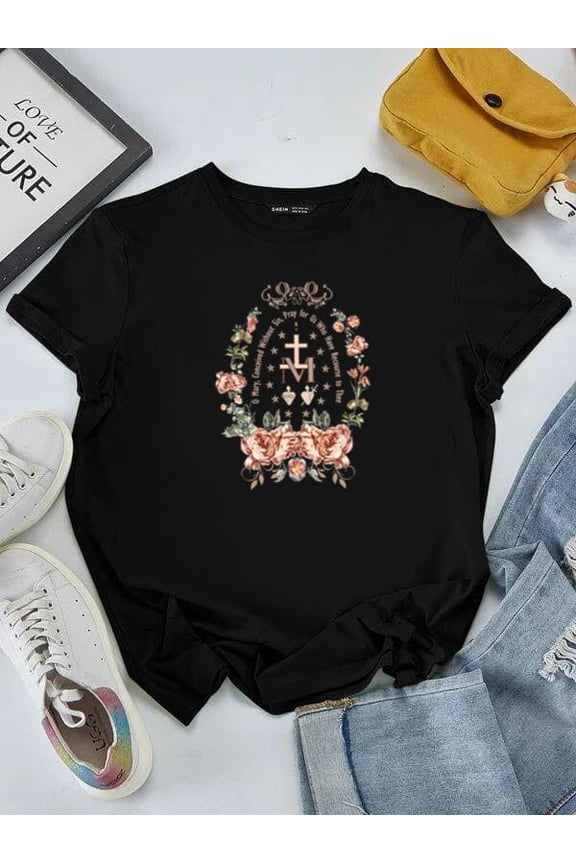 Marian Catholic Virgin Mary Floral Cross Religious Faith Graphic Unisex tee V50435, for men & women, up to size 5XL
