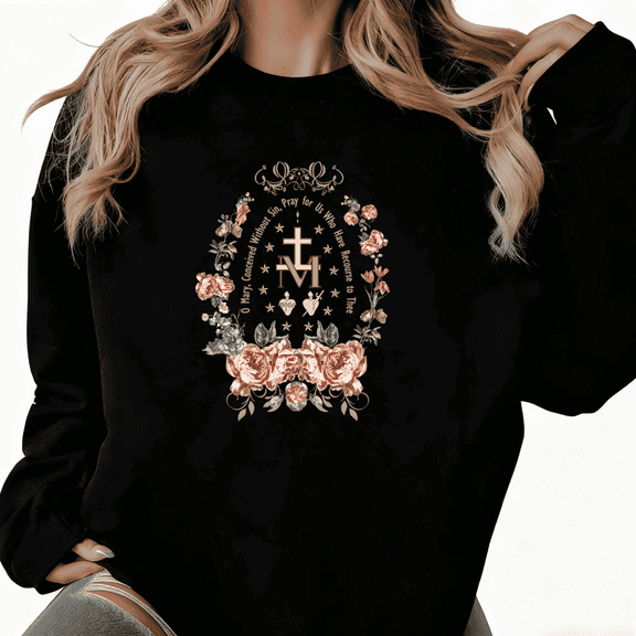Marian Floral Scriptural Graphic Commuting Tee T-Shirt Top Print Round-neck long-sleeved Black S-3XL