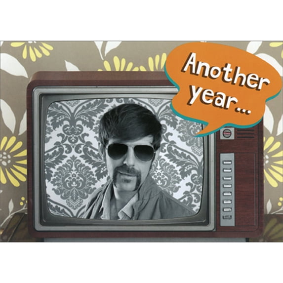 Marian Heath Retro Mustache Man on Television Funny / Humorous Birthday Card