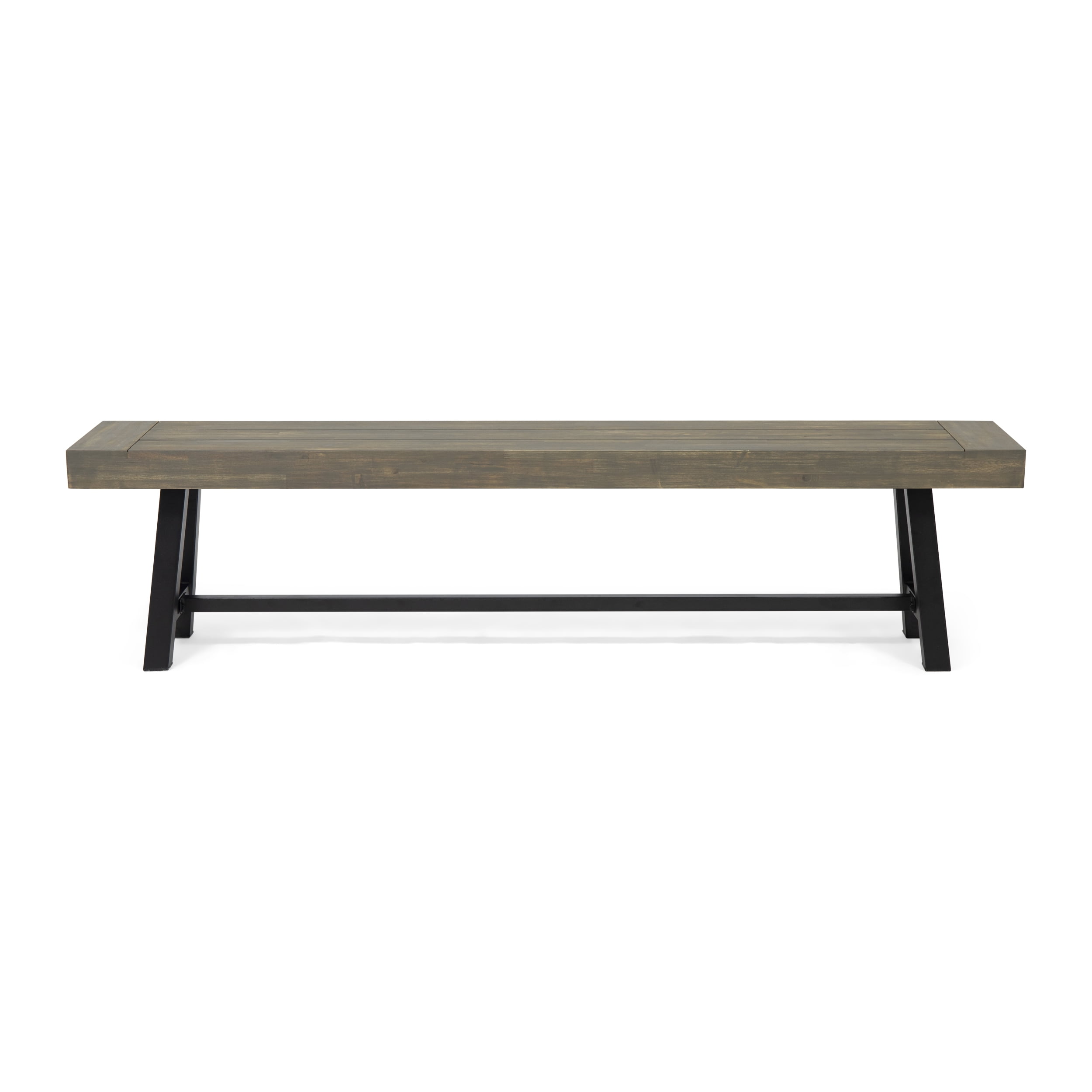 Gray Acacia Wood Outdoor Bench with Black Metal Legs