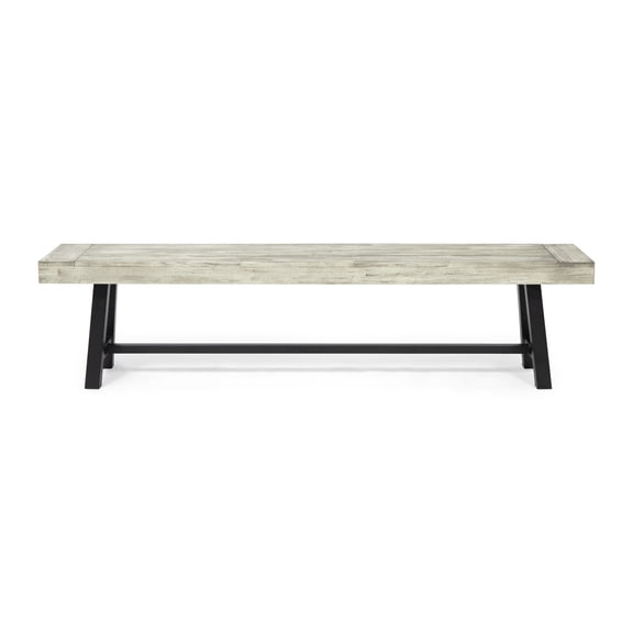 Marian Outdoor Acacia Wood Bench, Sandblast Light Gray Wash and Black Metal