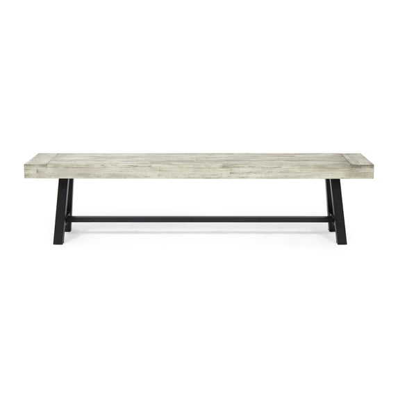 Marian Outdoor Acacia Wood Bench, Sandblast Light Gray Wash and Black Metal