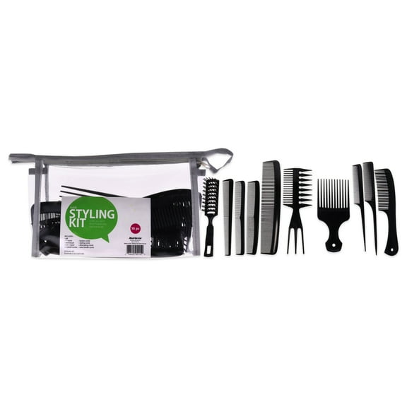 Marianna Hair Styling Kit - Black , 10 Pc Pik, Comb, Vent Brush, 3-In-1 Styler, 2 Rattail Combs, Barber Comb, Styling Comb, Detangling Comb, Rake Handle Comb
