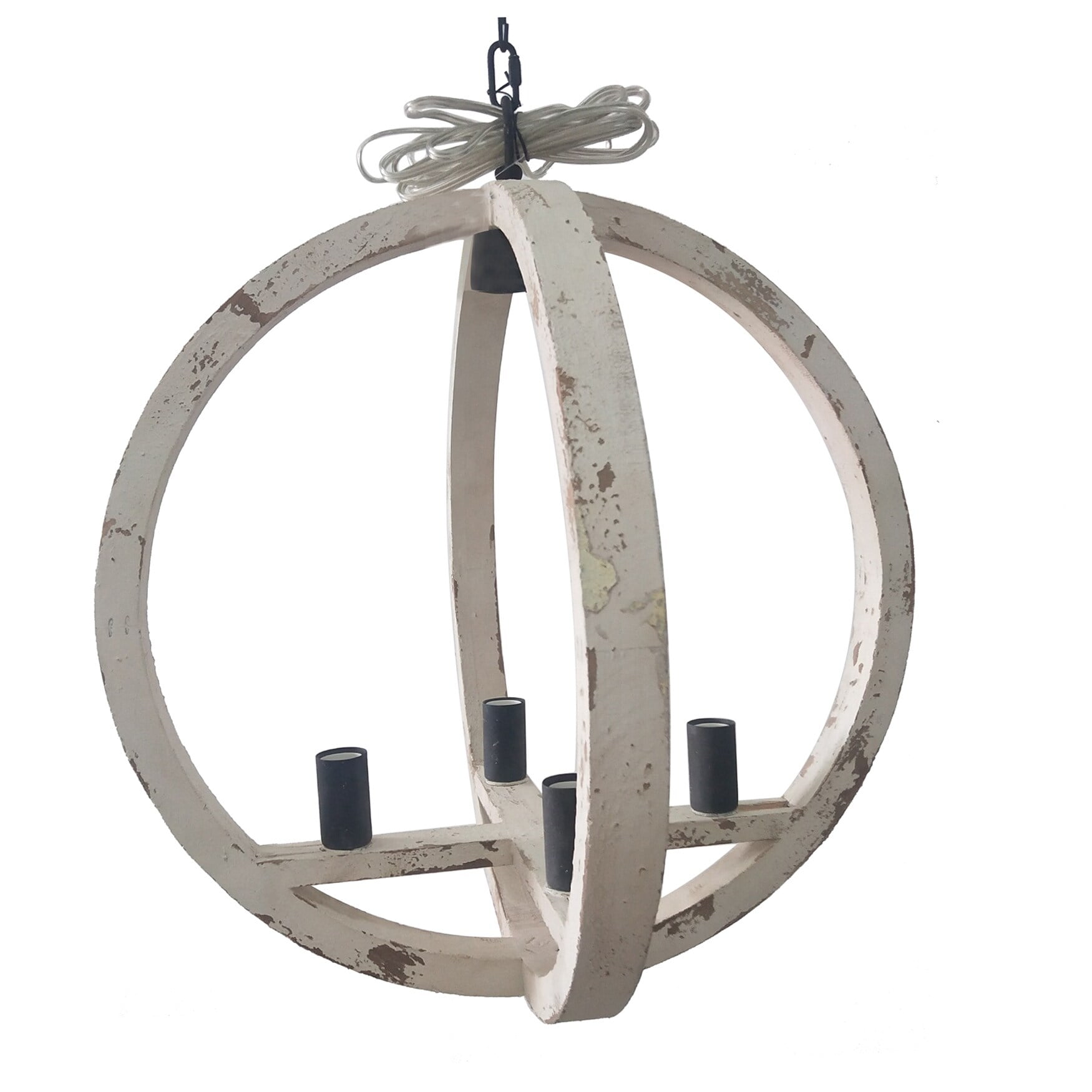 Distressed White Wood and Metal Globe Pendant Light