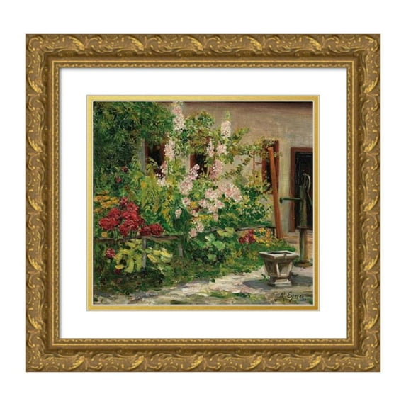 Marie Egner 16x15 Gold Ornate Wood Frame and Double Matted Museum Art Print Titled - Front Garden with Flowering Stock Roses