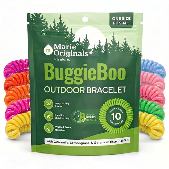 Marie Originals BuggieBoo Mosquito Repellent Bracelets, Outdoor Citronella Wristbands with Lemongrass & Geranium Essential Oils, Water & Sweat Resistant, Up to 8 Hours Protection, 10 Pack