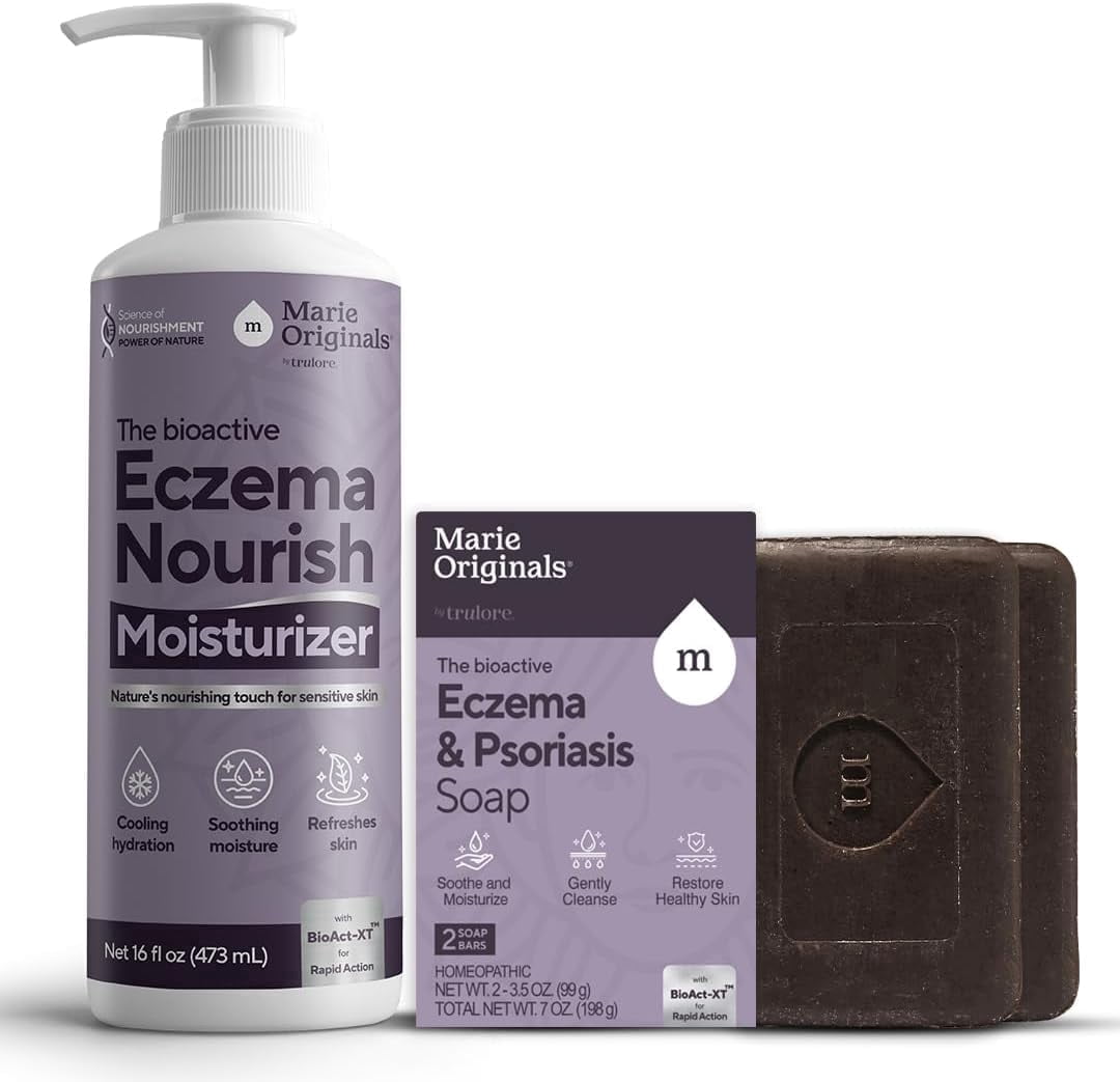 Marie Originals Eczema Relief Bundle – Eczema Soap Bar 2-Pack & 16 Oz Lotion for Dry, Itchy Skin – Colloidal Oatmeal Lotion + Natural Soap for Sensitive Skin, Adults & Kids