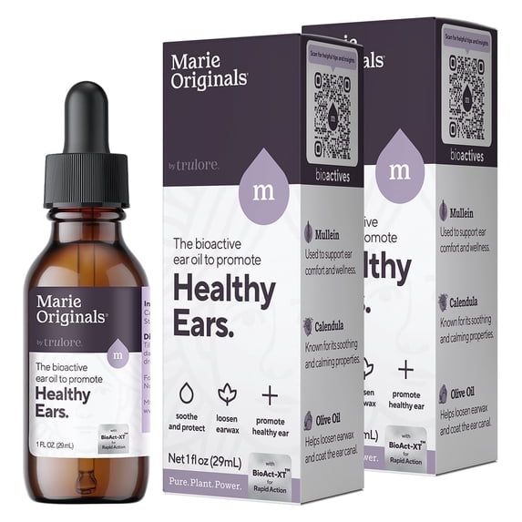 Marie Originals Natural Ear Oil Drops, Mullein & Garlic Herbal Ear Drops for Ear Comfort, Support for Adults, Kids & Pets, Helps with Ear Wax Soften & Removal (2 Pack)