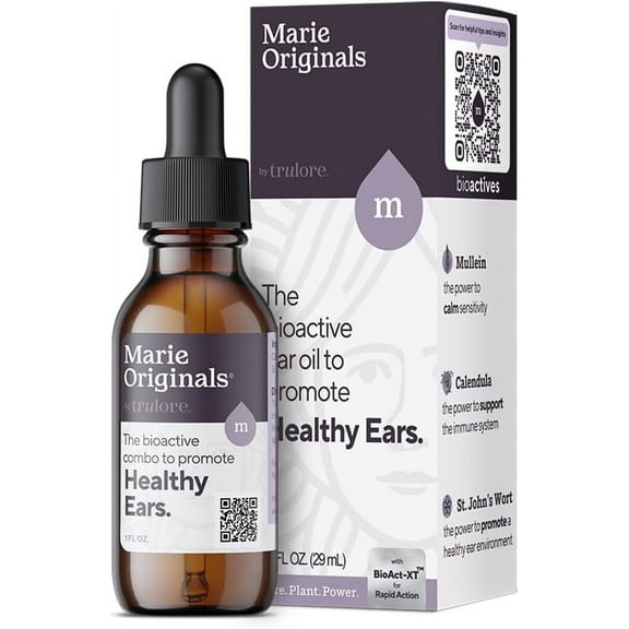 Marie Originals Natural Ear Oil Drops, Mullein & Garlic Herbal Ear Drops for Ear Comfort, Soothing Earache Support for Adults, Kids & Pets, Helps with Ear Wax Soften & Removal, 1 oz