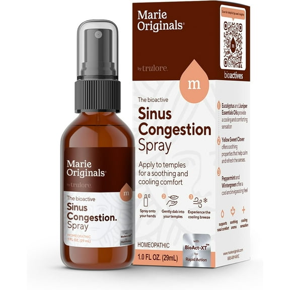 Marie Originals Sinus Relief Spray, Natural Topical Aromatic Mist with Eucalyptus & Peppermint, Cooling Essential Oil Blend for Sinus Comfort, Travel-Friendly 1 fl oz